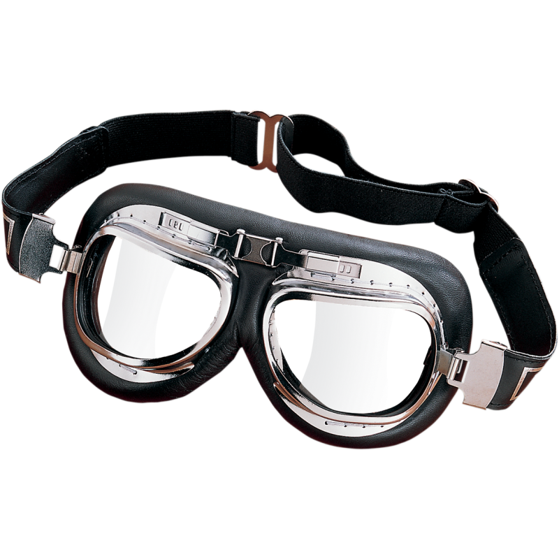 Emgo Roadhawk Chrome  OTG Black Leather Like Vinyl Goggles w/Smoke Anti-Fog Lenses