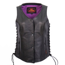 Load image into Gallery viewer, Hot Leathers VSL2001 Womens Black Leather Vest w/Fleur de Lis Cross Embroidered Back
