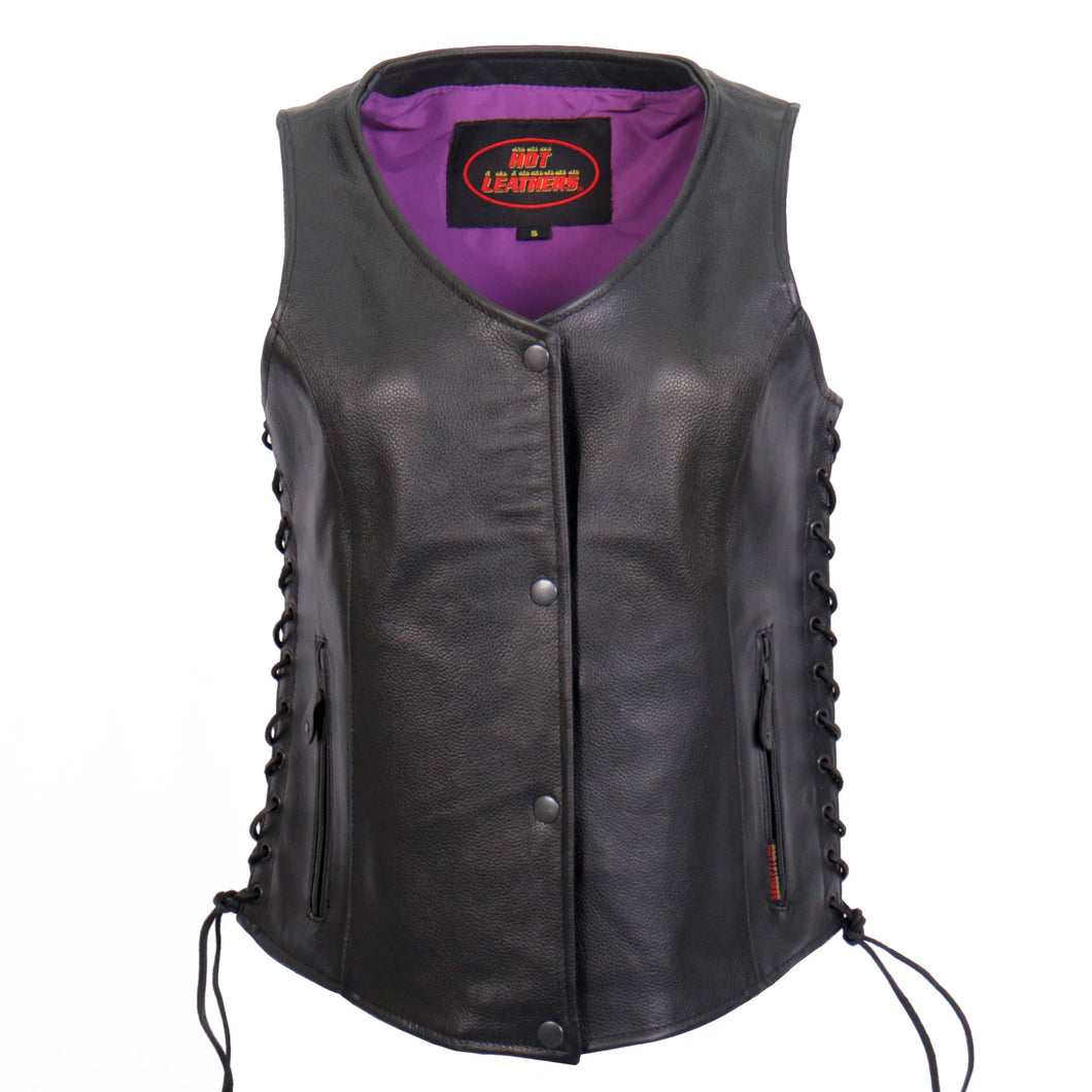 Hot Leathers VSL2001 Womens Black Leather Vest w/Fleur de Lis Cross Embroidered Back