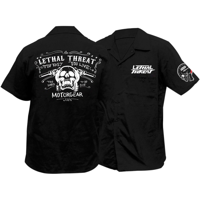 Lethal Threat Men's Skull w/Handlebars Embroidered Short Sleeve Shop Shirt