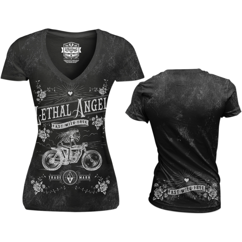Lethal Angel Women's Grey Skeleton Biker  V-Neck Tee