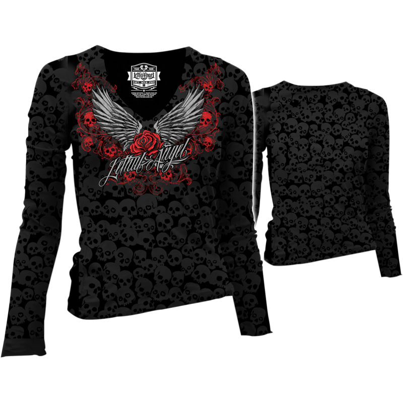 Lethal Angel  V-Neck Rose/Skull/Wings Burnout Black Longsleeve T-Shirt